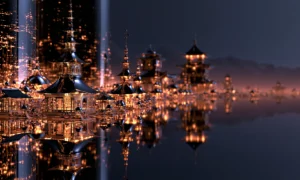pagoda lights and glass towers landscape art