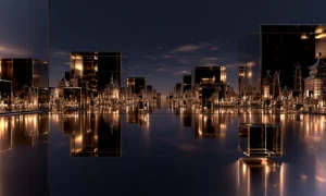 cube shore at dusk landscape art
