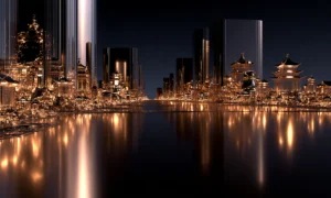 lit towers and quiet bay landscape art