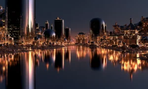orb and pagoda waterfront landscape art