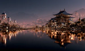 mountain temple lake landscape art
