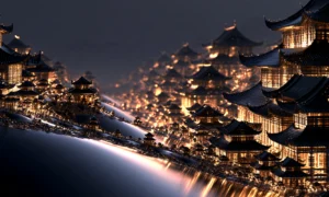 cascading pagoda hillside landscape art