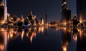 gilded pagoda harbor landscape art