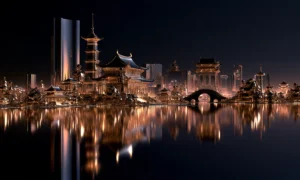 arched bridge pagoda town landscape art