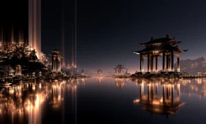 open pavilion at dusk landscape art