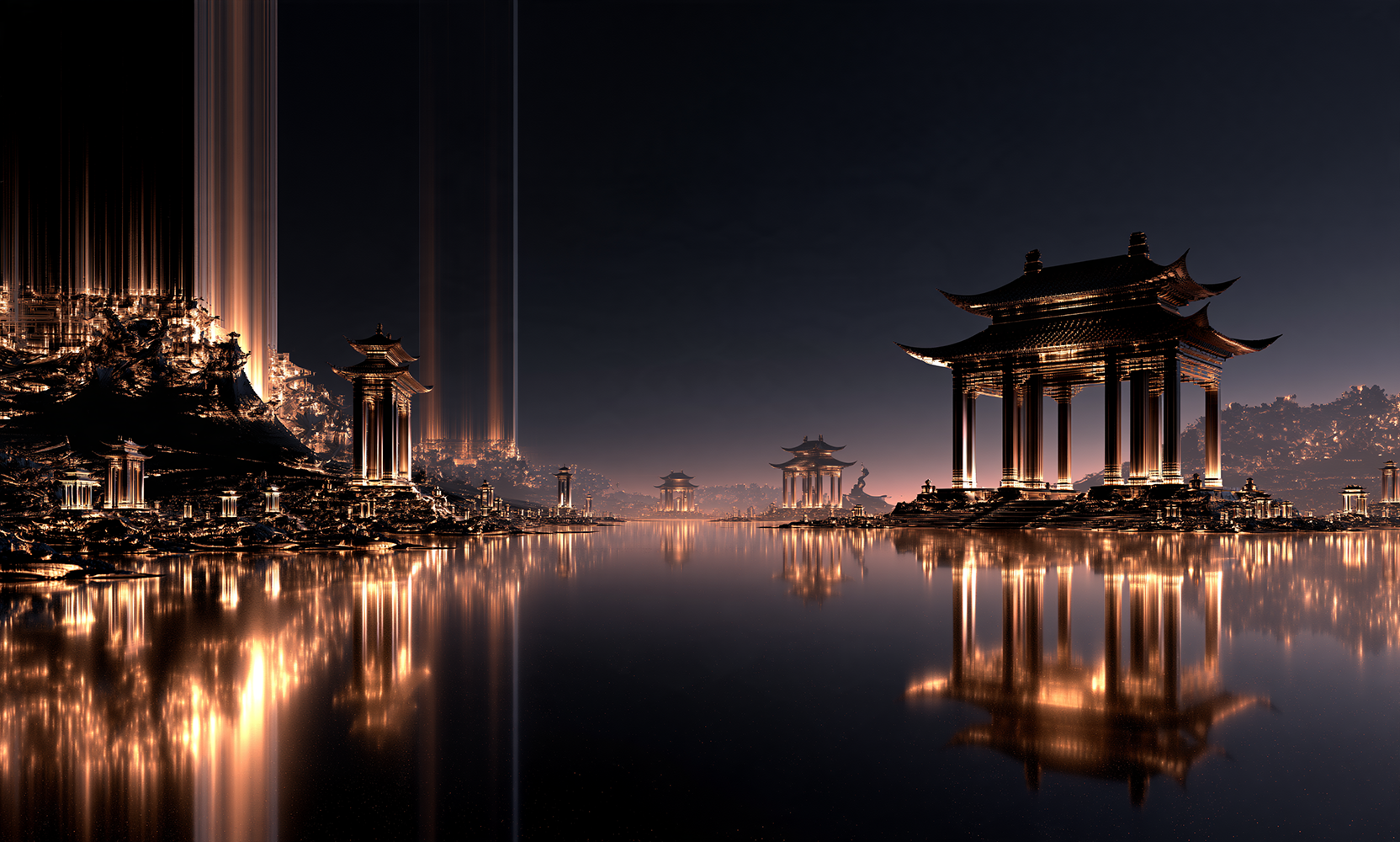 open pavilion at dusk landscape art