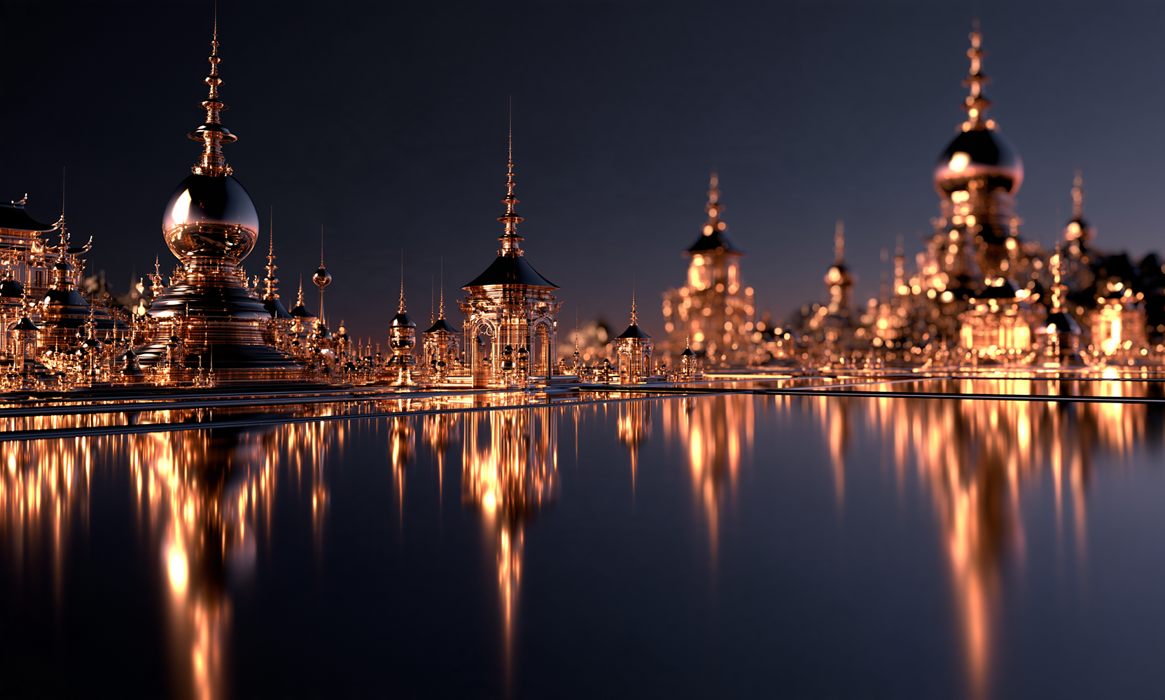 gold orb spire skyline landscape art