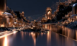 cliffside bridge palace landscape art