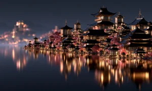 cherry blossom pagoda island landscape art