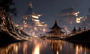 misty pagoda cliff landscape art