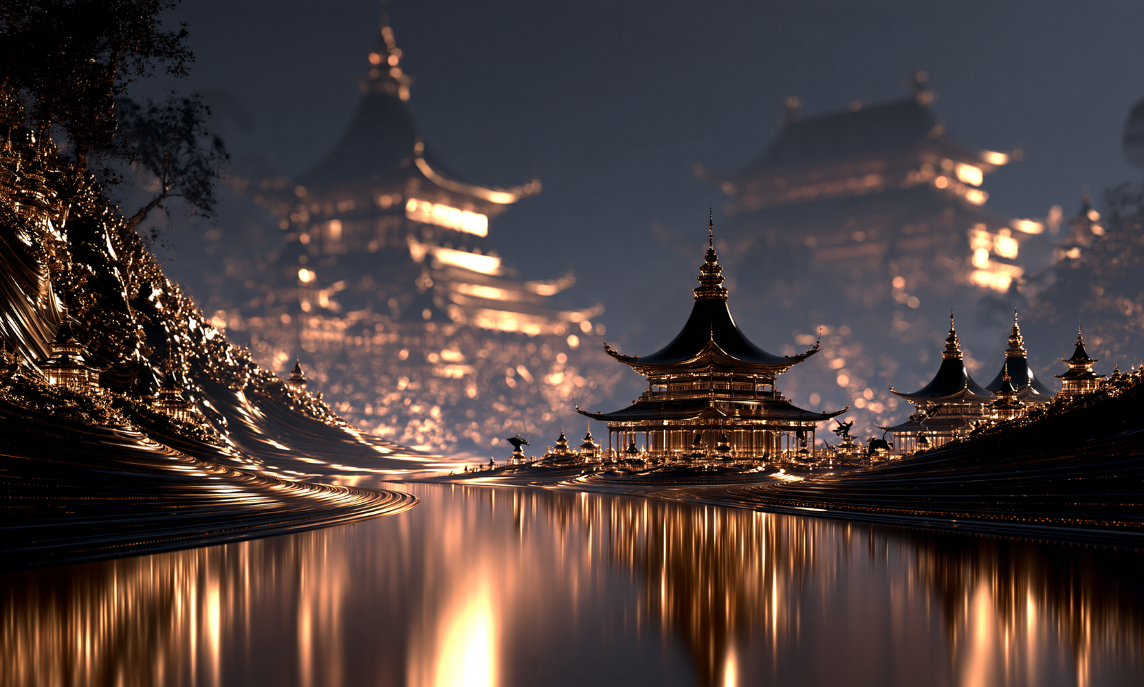 misty pagoda cliff landscape art