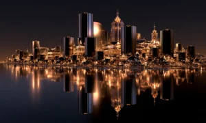 black tower gold skyline landscape art