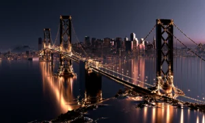 suspension bridge at rose dusk landscape art