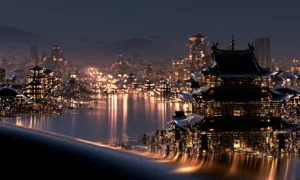 great pagoda on the curved shore landscape art