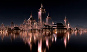 crystal spire pagoda bay landscape art