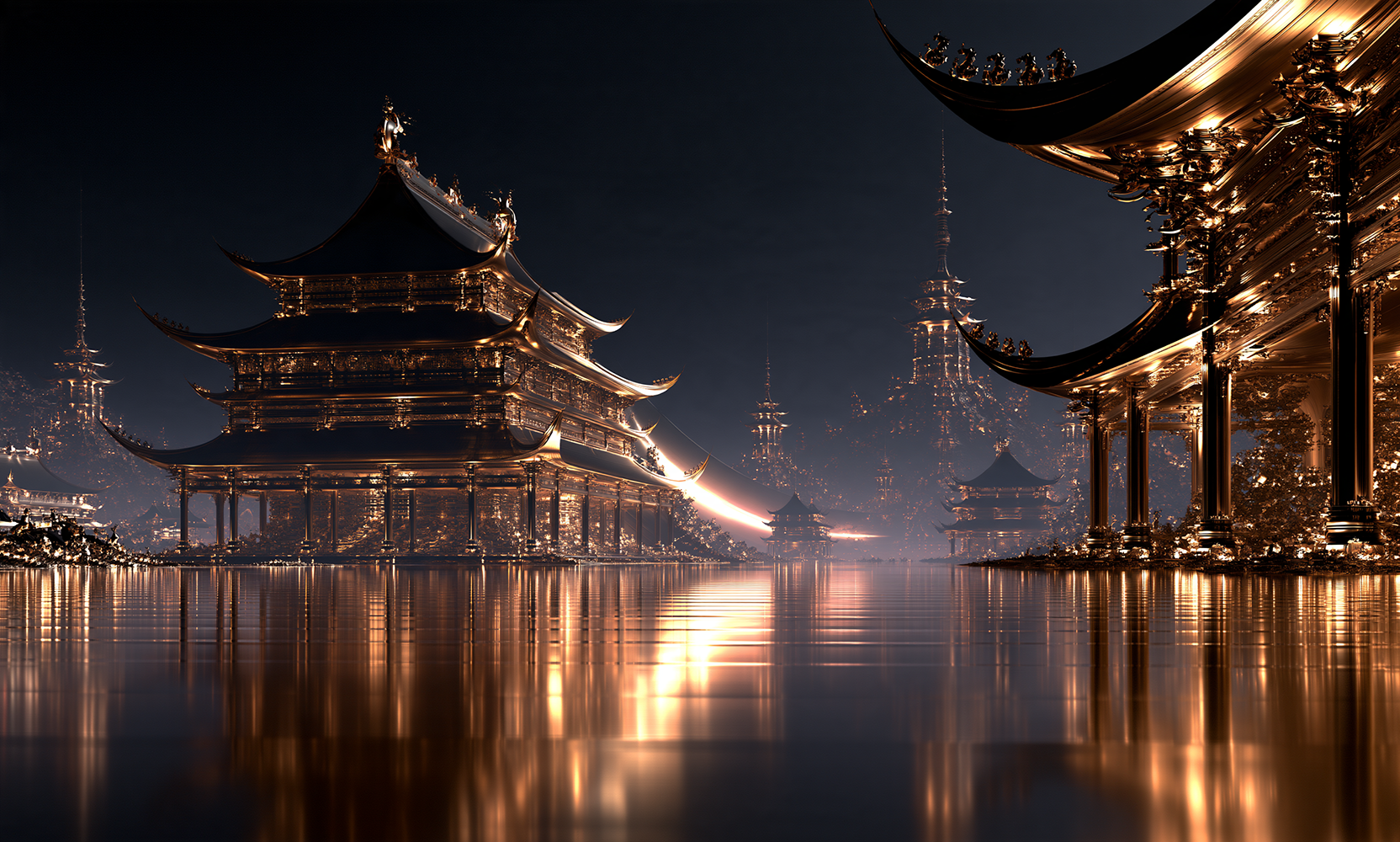 eave pagoda at night landscape art