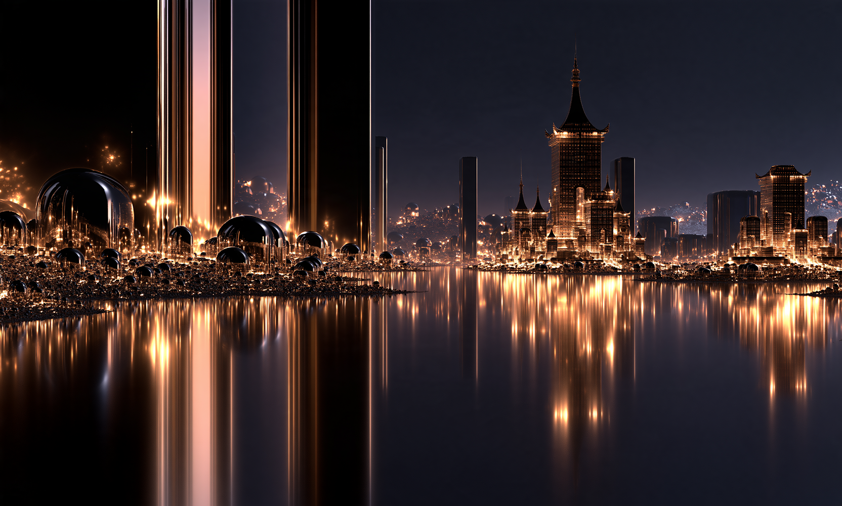 black tower dome shore landscape art