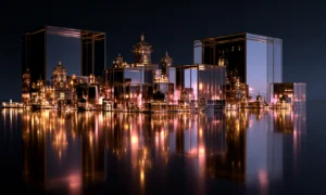 cube pagoda waterfront landscape art