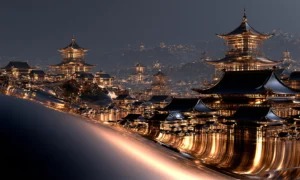 curved shore pagoda terraces landscape art
