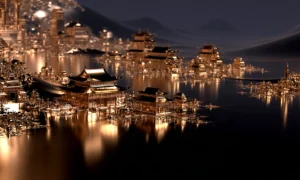 gold roof lake town landscape art