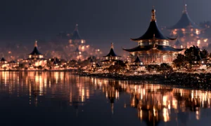 pagoda blue hour shore landscape art