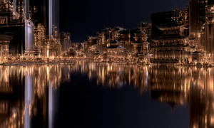 tower and pagoda reflection landscape art