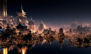 mist pagoda valley landscape art