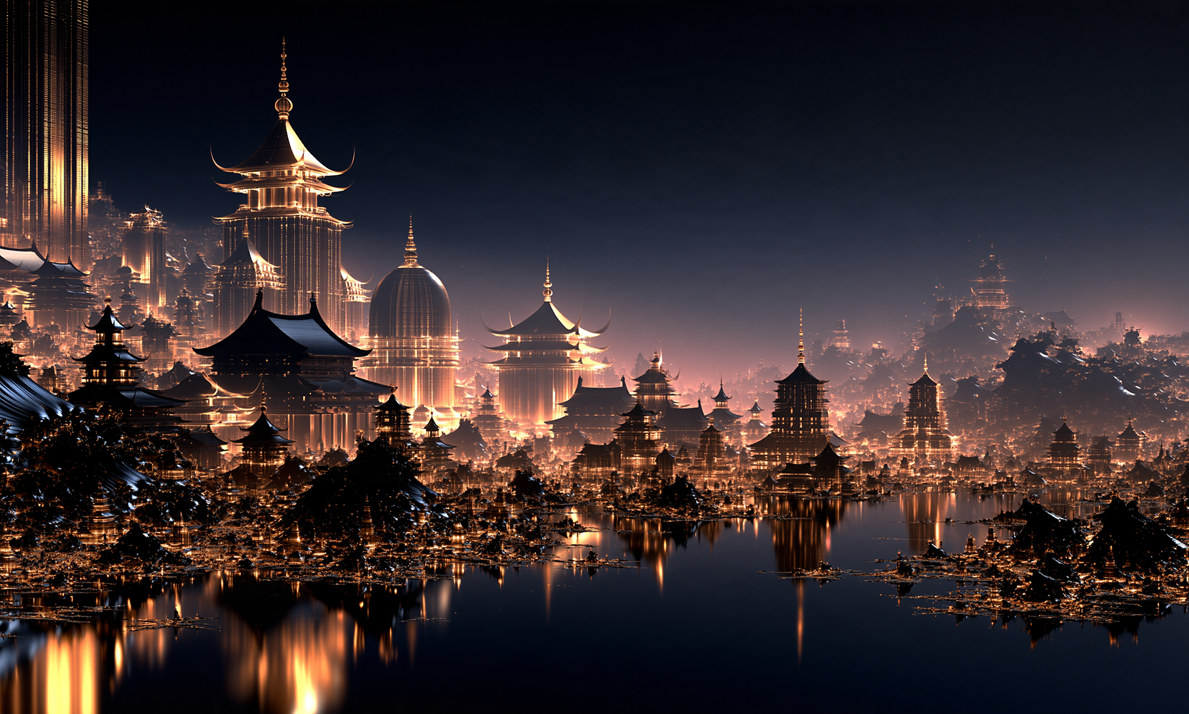 mist pagoda valley landscape art