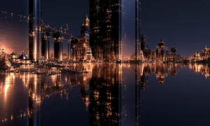 rose dusk skyline shore landscape art