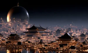 black moon pagoda town landscape art