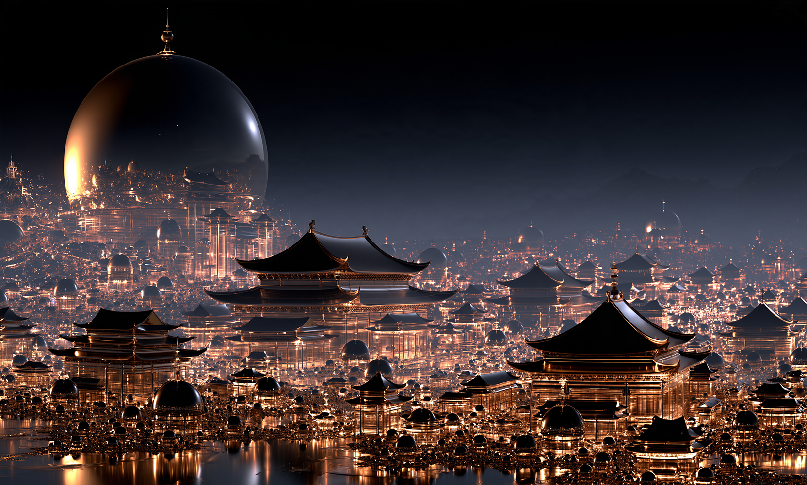 black moon pagoda town landscape art