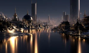 orb pagoda lagoon landscape art
