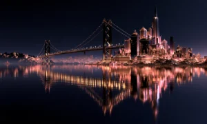pink water bridge landscape art