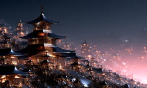 hillside pagoda glow landscape art