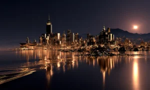 moonrise harbor landscape art