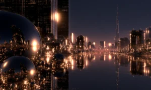 orb and tower shore landscape art