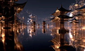 pagoda eaves on the lake landscape art
