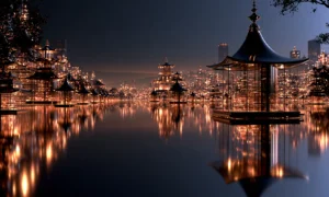 round pagoda in the pond landscape art