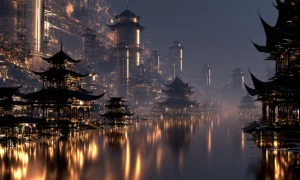 misty pagoda terraces landscape art