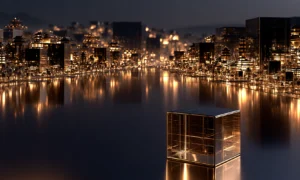 glass cube lake town landscape art