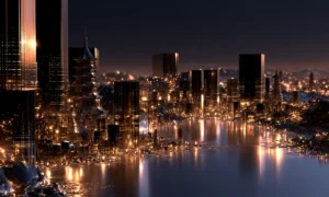 lakeside towers and pagodas landscape art