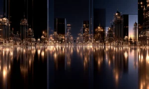 slender towers reflections landscape art