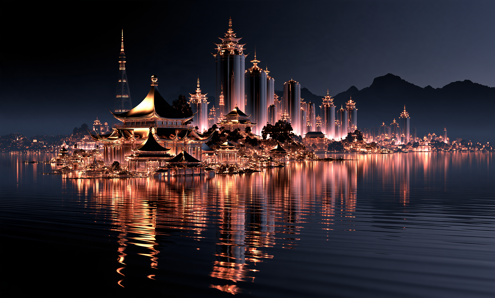 gold roof harbor landscape art