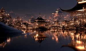 gold wave temple shore landscape art