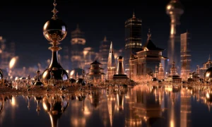 chess piece sphere skyline landscape art