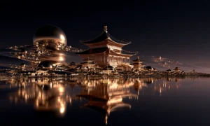sphere pagoda mount landscape art