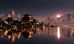 setting sun pagoda isle landscape art