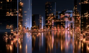 blue glass skyline landscape art