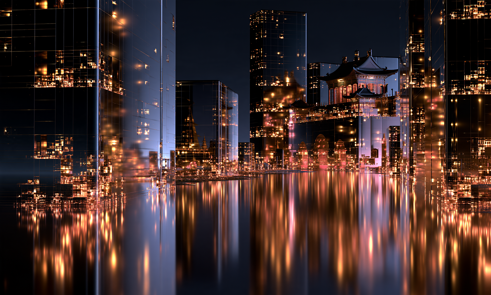 blue glass skyline landscape art
