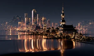 needle tower pagoda shore landscape art